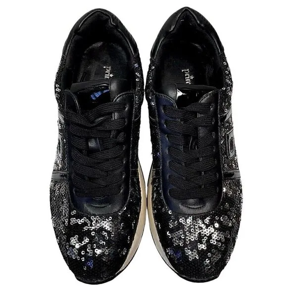 Sequins Sparkly Black &amp; White Fashion Sneakers Primadonna  Women’s 7.5 Leather