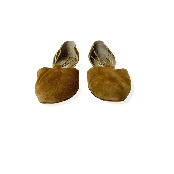 Sesto Meucci Henri Bendel Gold Suede Ballet Flats Embellished Bungee Strap
