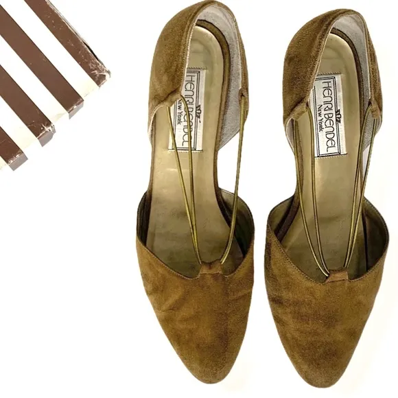 Sesto Meucci Henri Bendel Gold Suede Ballet Flats Embellished Bungee Strap