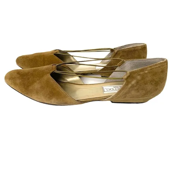 Sesto Meucci Henri Bendel Gold Suede Ballet Flats Embellished Bungee Strap