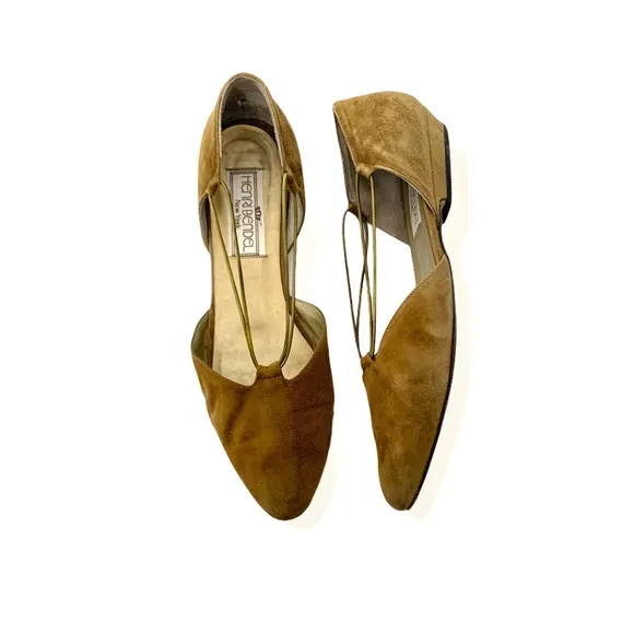 Sesto Meucci Henri Bendel Gold Suede Ballet Flats Embellished Bungee Strap