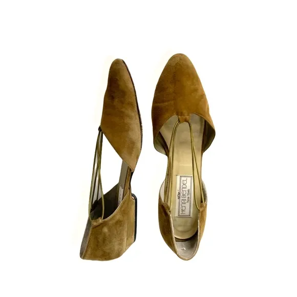 Sesto Meucci Henri Bendel Gold Suede Ballet Flats Embellished Bungee Strap