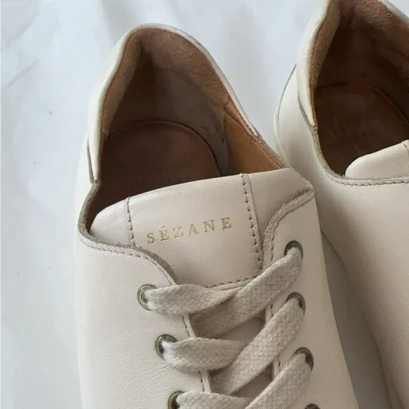 Sezane Jack Cream Off-White Leather Trainers‎ Fashion Sneakers