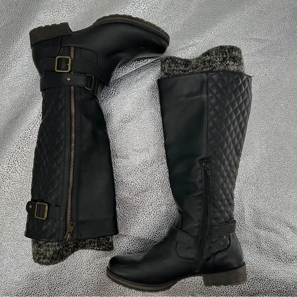 Shoe Dazzle Finley Quilted Flat Black Knee-High Boots Size 8