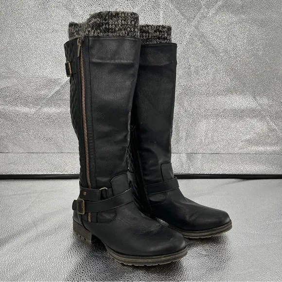 Shoe Dazzle Finley Quilted Flat Black Knee-High Boots Size 8