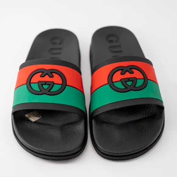 size 9G - Gucci Interlocking GG Rubber Slides Sandals Black Green Red