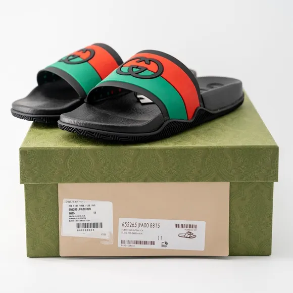 size 9G - Gucci Interlocking GG Rubber Slides Sandals Black Green Red