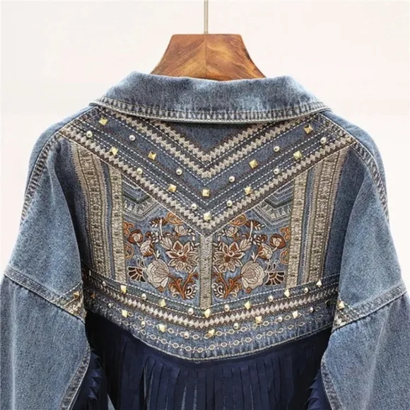 SOLD OUT Oversized Denim Stud Fringe Embroidered Jacket