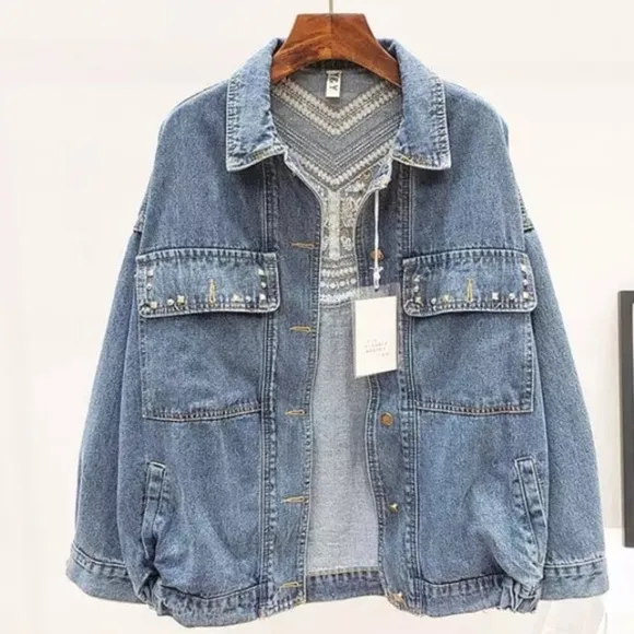 SOLD OUT Oversized Denim Stud Fringe Embroidered Jacket