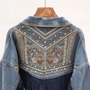 SOLD OUT Oversized Denim Stud Fringe Embroidered Jacket