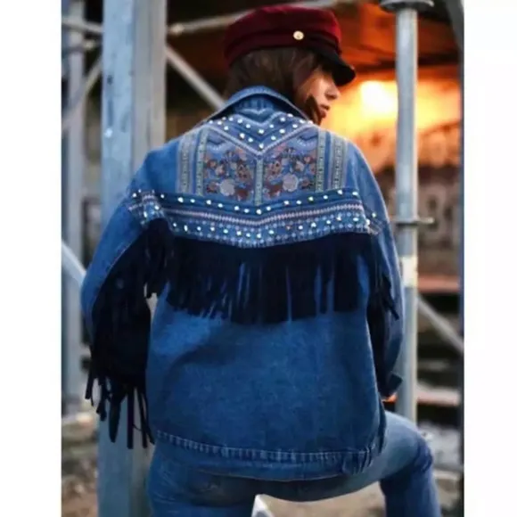 SOLD OUT Oversized Denim Stud Fringe Embroidered Jacket