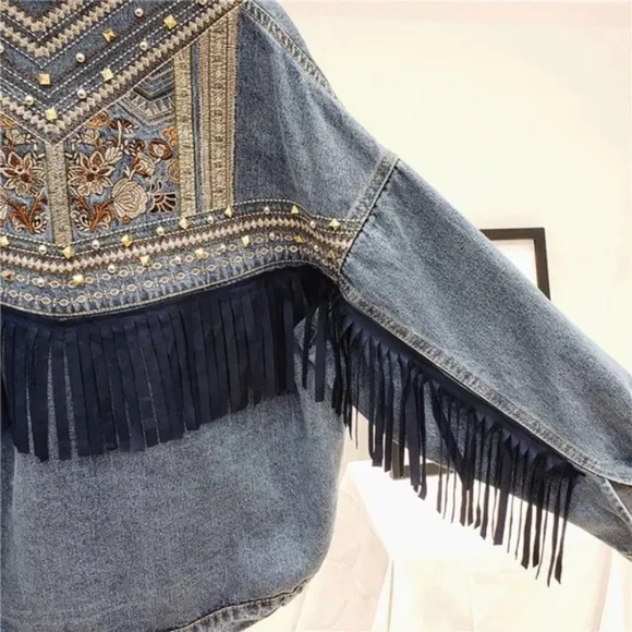 SOLD OUT Oversized Denim Stud Fringe Embroidered Jacket