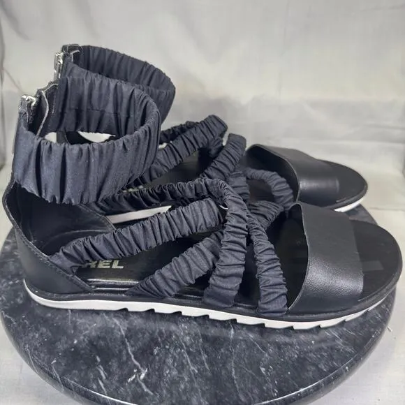 Sorel Ella II Ankle Strap Sandals Leather Flats Black Women's Size 8 US