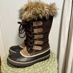 Sorel Joan Of Arctic Waterproof Fur Trim Brown Suede Lace Up Tall Winter Boots