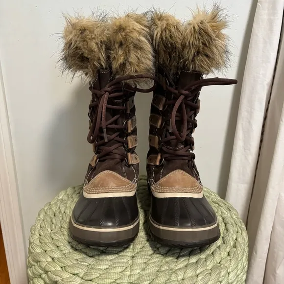 Sorel Joan Of Arctic Waterproof Fur Trim Brown Suede Lace Up Tall Winter Boots