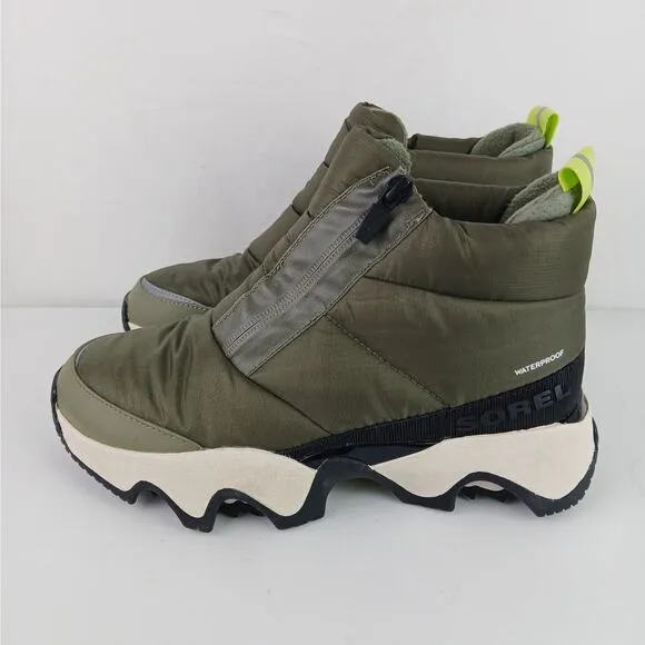 Sorel Kinetic Impact Women's SZ 7.5 Puffy Zip Waterproof Boots Stone Green Black