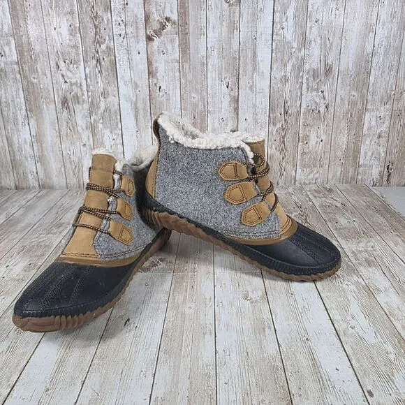 Sorel Out N About Waterproof Winter Duck Boots Wool Sherpa Lined Gray Tan Size 8