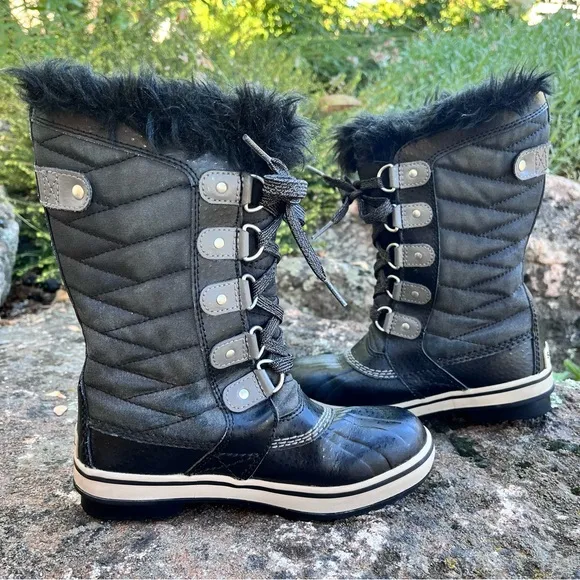 SOREL Tofino II Faux Fur Waterproof Winter Snow Boots Black Sz 1 Youth
