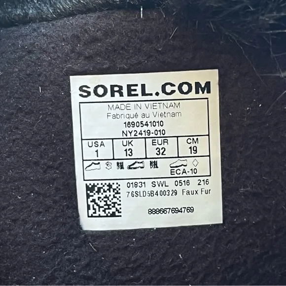 SOREL Tofino II Faux Fur Waterproof Winter Snow Boots Black Sz 1 Youth