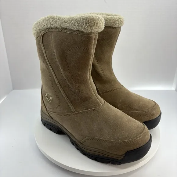 Sorel Women Size 8 Waterfall Winter Snow Boots Tan Suede Fleece Lined