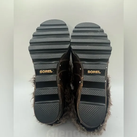 SOREL Women”s Joan of Artic Wedge Heel Ankle Boots Brown Leather Faux Fur Size 8