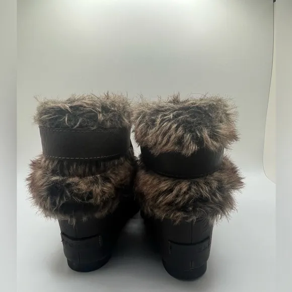 SOREL Women”s Joan of Artic Wedge Heel Ankle Boots Brown Leather Faux Fur Size 8