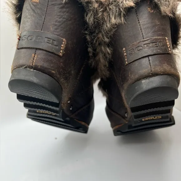 SOREL Women”s Joan of Artic Wedge Heel Ankle Boots Brown Leather Faux Fur Size 8