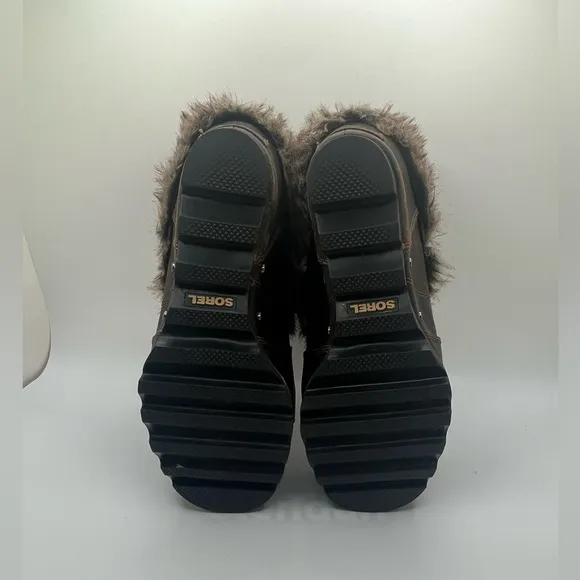 SOREL Women”s Joan of Artic Wedge Heel Ankle Boots Brown Leather Faux Fur Size 8