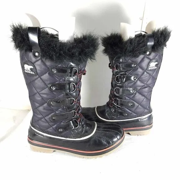 Sorel Women's Tofino Cate US8,5 Black Waterproof Quilted Faux Fur Winter Boots