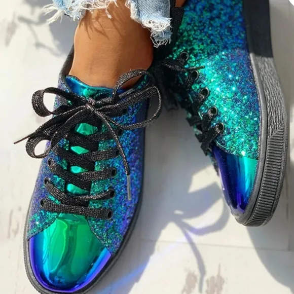 Sparkly Glitter Lace-Up Sneakers for Women - Stylish Fashion Shoes