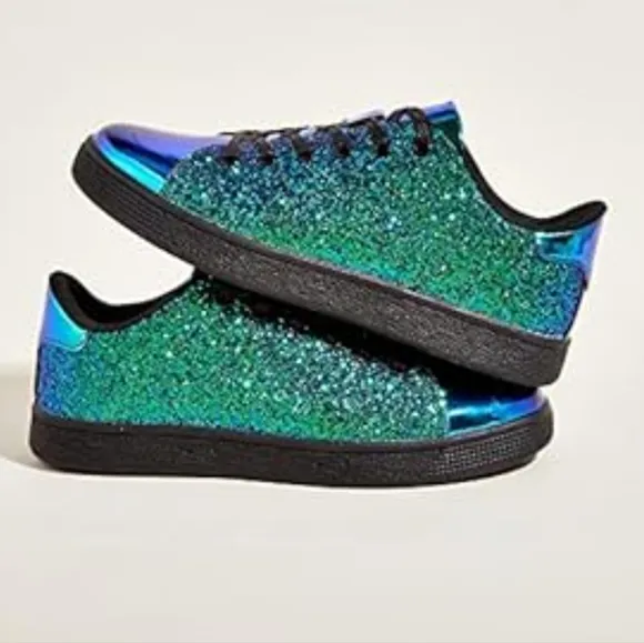 Sparkly Glitter Lace-Up Sneakers for Women - Stylish Fashion Shoes