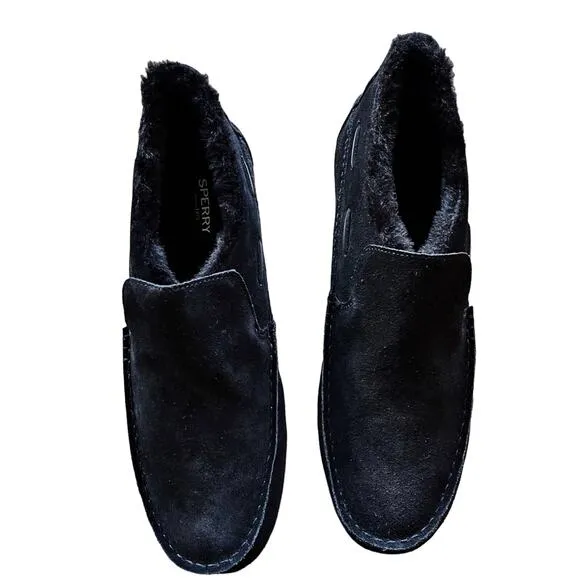 SPERRY Moc-Sider Black Suede Moccasin Faux Fur Lining Men Loafers Comfort 12 NWT