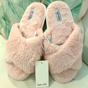 Splendid Pink Slippers Faux Fur Crisscross Slides
