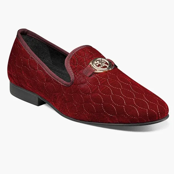 Stacy Adams Valet Slip On Bit Loafers Burgundy Velvet Quilted Quiet Luxury