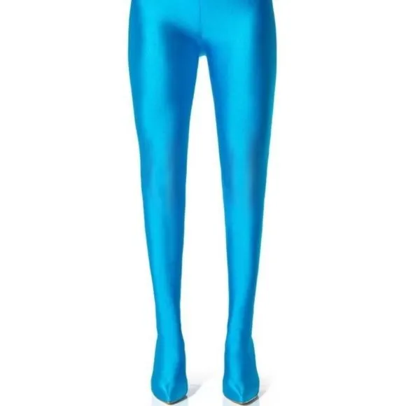 Stasia Turquoise: Shiny Stretch Biker Pant Boot with Stiletto Heel 7.5 8