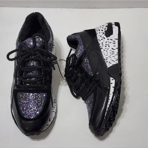STEVE Madden Barra-G Round-Toe Lace Up Platform Fashion Sneakers Black/Glitter