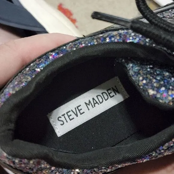 STEVE Madden Barra-G Round-Toe Lace Up Platform Fashion Sneakers Black/Glitter
