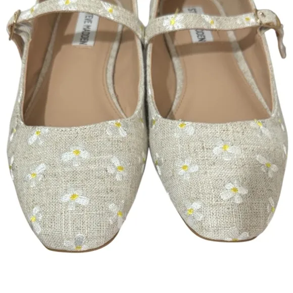 Steve Madden Linen Embroidered DaisyBallet Flat Mary Janes Women's 9.5