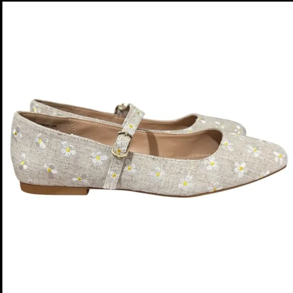 Steve Madden Linen Embroidered DaisyBallet Flat Mary Janes Women's 9.5