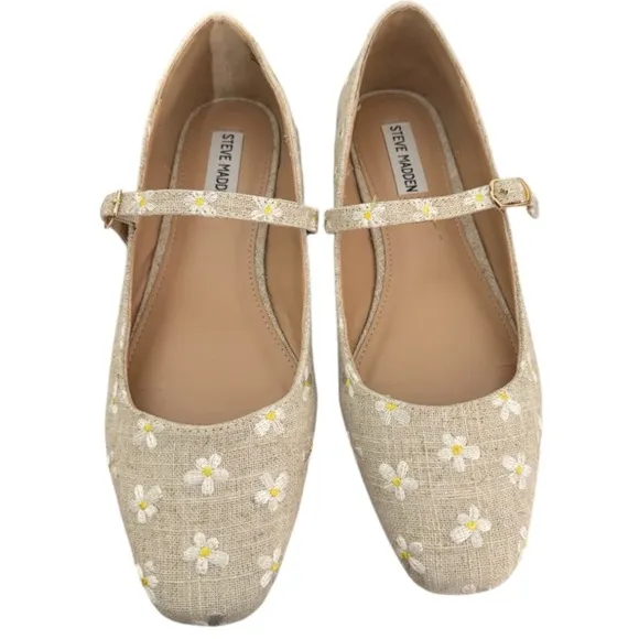 Steve Madden Linen Embroidered DaisyBallet Flat Mary Janes Women's 9.5