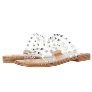 Steve Madden Silver Studded Clear Strap Tan Flats Sandals Size 6.5