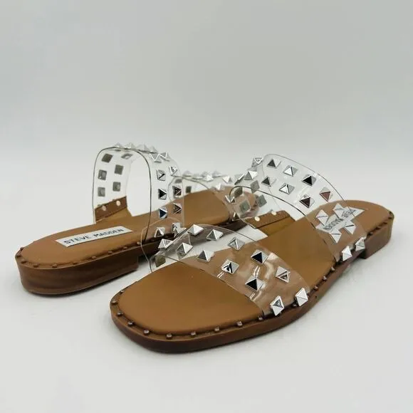 Steve Madden Silver Studded Clear Strap Tan Flats Sandals Size 6.5