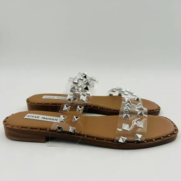 Steve Madden Silver Studded Clear Strap Tan Flats Sandals Size 6.5