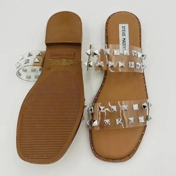 Steve Madden Silver Studded Clear Strap Tan Flats Sandals Size 6.5