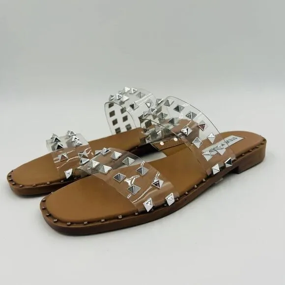 Steve Madden Silver Studded Clear Strap Tan Flats Sandals Size 6.5