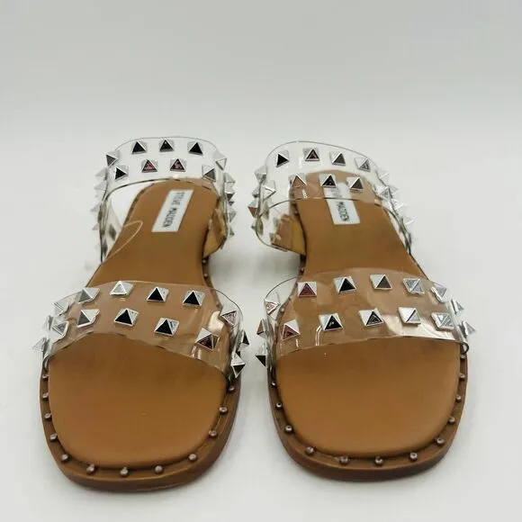 Steve Madden Silver Studded Clear Strap Tan Flats Sandals Size 6.5