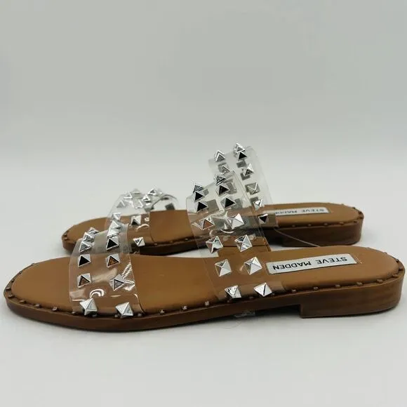 Steve Madden Silver Studded Clear Strap Tan Flats Sandals Size 6.5