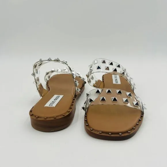Steve Madden Silver Studded Clear Strap Tan Flats Sandals Size 6.5