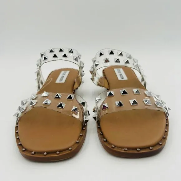 Steve Madden Silver Studded Clear Strap Tan Flats Sandals Size 6.5