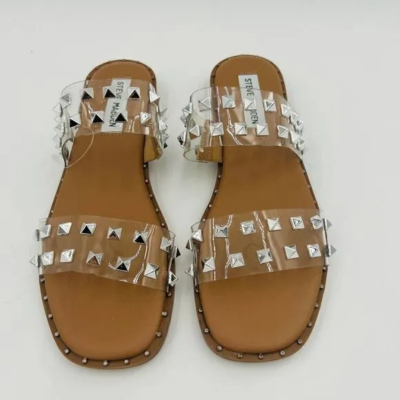Steve Madden Silver Studded Clear Strap Tan Flats Sandals Size 6.5